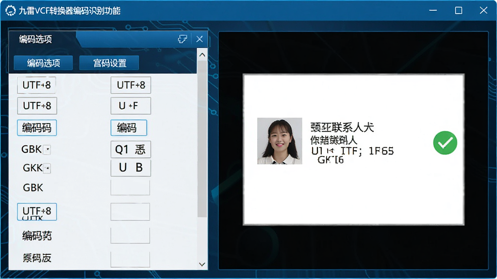 一张展示九雷VCF转换器编码识别功能的图片,主体为软件编码设置面板,布局左侧为编码选项列表、右侧为预览窗口,排版清晰直观,风格为科技蓝调,细节包括UTF-8、GBK等编码标签、中文联系人预览、对勾确认图标,画质高清、干净、无多余元素