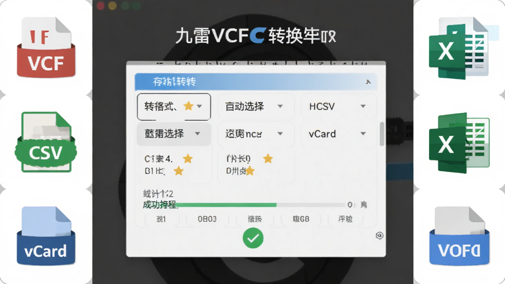 一张展示九雷VCF转换器多格式互转功能的图片,主体为软件转换界面,布局中央为格式选择区域、四周环绕VCF、CSV、Excel、vCard等格式图标,排版对称美观,风格为扁平化设计,细节包括转换进度条、成功提示标识,画质高清、干净、无多余元素