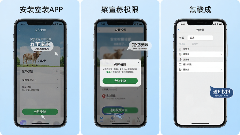 ������APP��װ��Ȩ�����ò���ʾ��ͼ������Ϊ�ֻ���Ļ�ֲ�չʾ��װ���桢Ȩ�޵��������ò˵��ȣ�������������װ������λȨ�ޡ���֪ͨȨ�ޡ������ֱ�ע������Ϊǳ��ɫ���䣬���ַָ����������̳�ͼ�⣬ϸ��ͻ���������裬���ʸ��壬�ɾ����޶���Ԫ��