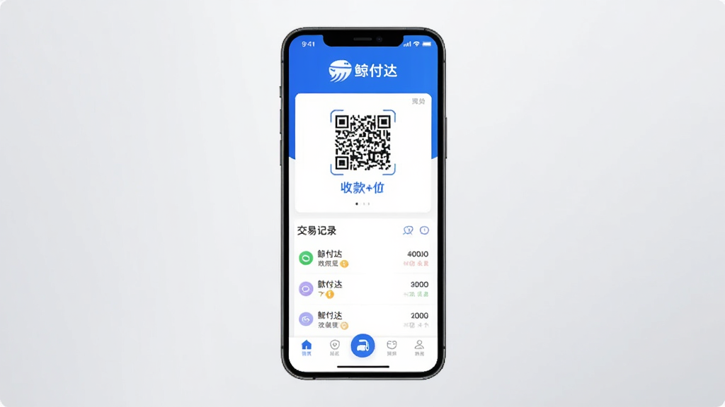 手机屏幕中央显示鲸付达应用主界面,界面以蓝色和白色为主色调,顶部有鲸付达文字标识,中部展示收款码和交易记录列表,底部有导航栏按钮,背景为简洁的浅灰色渐变,画面风格为扁平化UI设计,细节清晰,画质干净无多余元素