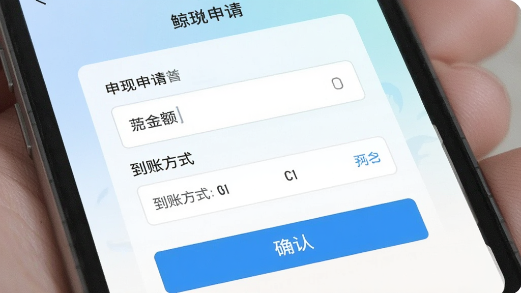 鲸付达应用提现服务界面,手机屏幕显示提现申请表单,包含金额输入框和到账方式选项,底部有确认按钮,界面风格清新简约,背景为浅色渐变,画质干净清晰