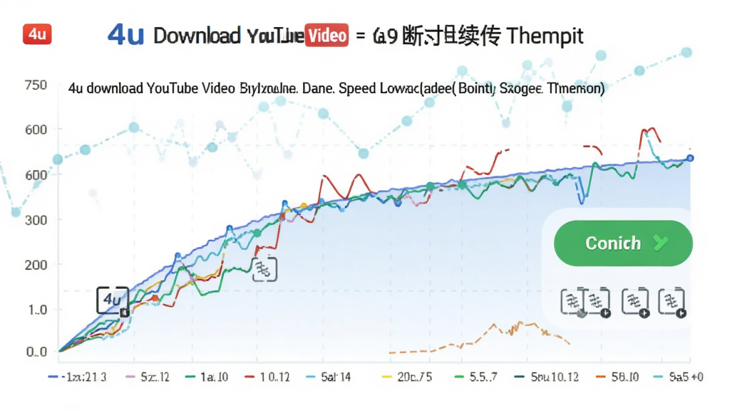 主体是4u download youtube video的下载速度图表和断点续传提示,布局为横向速度曲线图配合文字说明,排版简洁明了,风格为数据可视化风格,细节包含多线程图标和绿色继续按钮,画质高清,干净,无多余元素