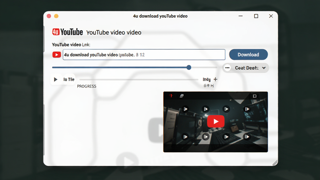 主体是4u download youtube video软件界面,布局为居中展示主窗口,排版清晰显示YouTube视频链接输入框和下载格式选择按钮,风格为现代简约科技风,细节包含进度条和视频缩略图预览,画质高清,干净,无多余元素