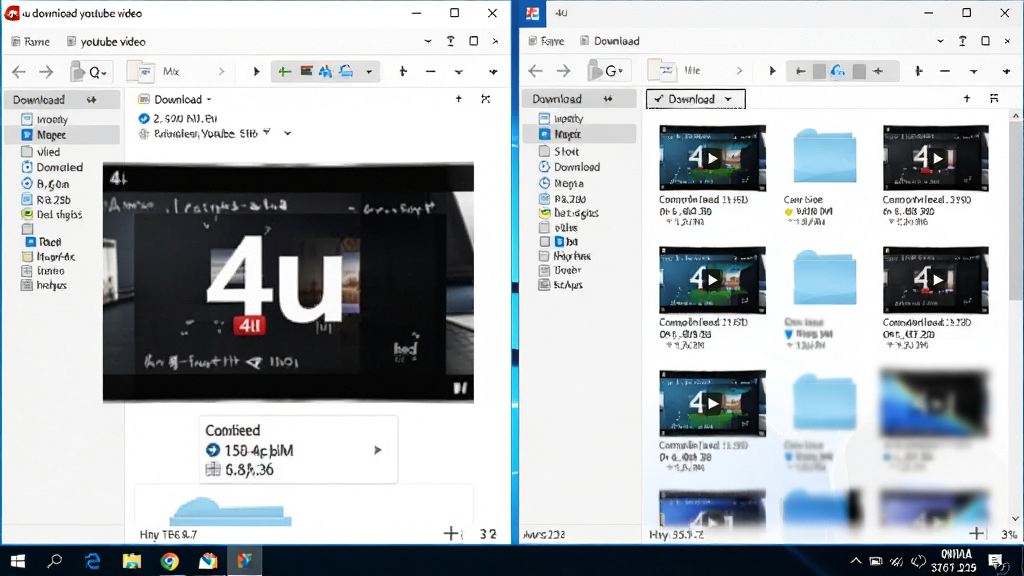主体是4u download youtube video在Windows桌面上的运行状态,布局为软件窗口与下载文件夹并排,排版展示多个已完成视频文件,风格为真实桌面截图风格,细节包含任务栏图标和文件大小信息,画质高清,干净,无多余元素