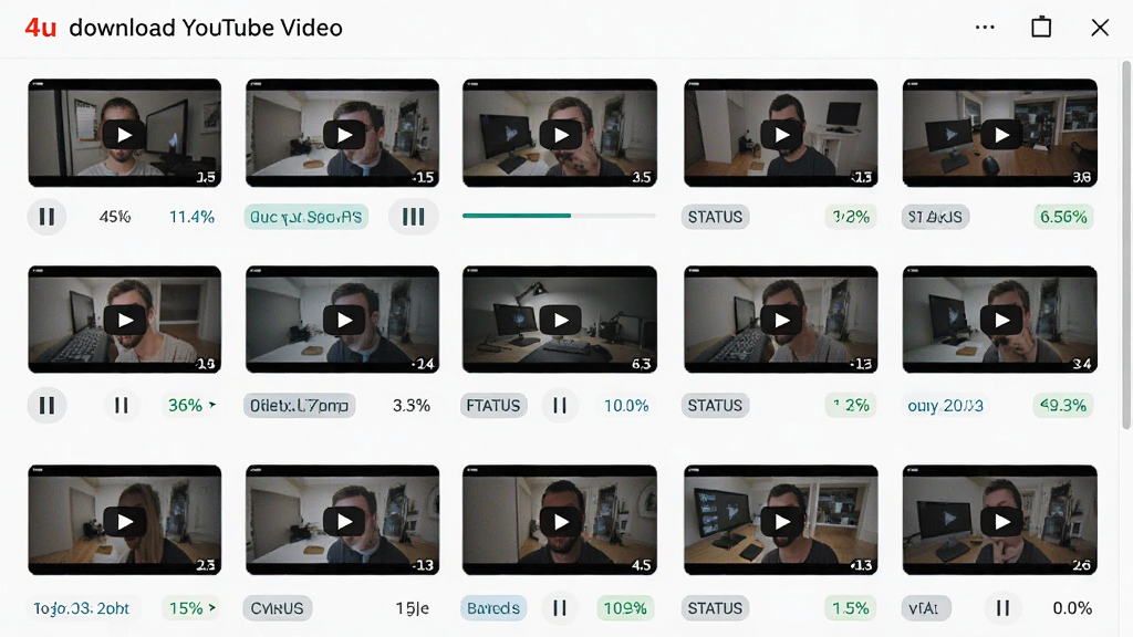 主体是4u download youtube video的批量下载队列界面,布局为纵向排列的任务列表,排版显示多个视频缩略图和下载进度百分比,风格为清爽浅色系,细节包含暂停按钮和状态标签,画质高清,干净,无多余元素