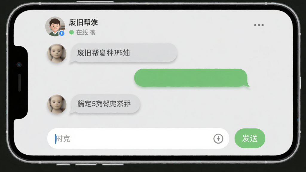 �Ͼɰ�APP���칵ͨ����ͼ������չʾ�ֻ���Ļ�ϵķϾɰ�APP��Ϣ�Ի�ҳ�棬�����������ݡ������ͷ��Ͱ�ť��������ʾ�Է��û���������״̬������Ϊ������������Ű棬������Բ�ǣ���ɫ��ǳ�Һ���ɫ����Ϊ����ϸ�ڰ���ͷ��Բ�Ǻ�������Ӱ�����ʸ��壬�ɾ��޶���Ԫ��