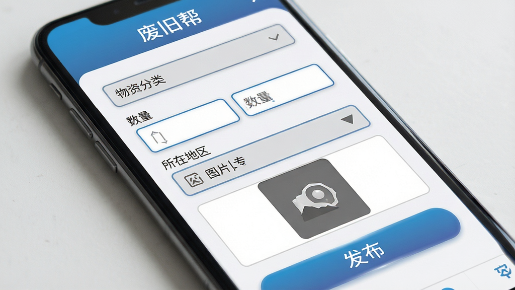 �Ͼɰ�APP��Ϣ����ҳ��չʾͼ����������Ϊ�ֻ���Ļ��д����Ļ����ʾ�Ͼɰ�APP�ķ�����Ϣ�������������ʷ��������˵���������������ڵ���ѡ������ͼƬ�ϴ�����ͷ�����ť������Ϊ���½ṹ�������������ɫ����ɫ�ͻ�ɫΪ����ϸ�ڰ��������߿�Ͱ�ť����Ч���������������ɾ��޶���Ԫ��