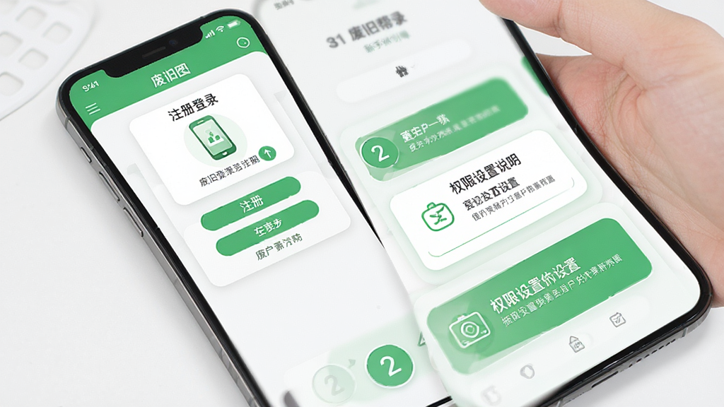 �Ͼɰ�APP���ֲ�������ҳ��ͼ������չʾ�ֻ���Ļ�ϷϾɰ�APP������ҳ������ע���¼����ͼʾ��Ȩ������˵����Ƭ������Ϊ�ֲ�ʽͼ���Ű棬�������ǳɫ����ɫ�԰�ɫ����ɫΪ����ϸ�ڰ�����������ͼ��Ϳ�ƬԲ�ǣ����ʸ��壬�ɾ��޶���Ԫ��
