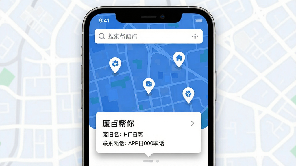 �Ͼɰ�APP��������վ���ͼ����ͼ����������Ϊ�ֻ���Ļ����ʾ�Ͼɰ�APP�ĵ�ͼҳ�棬��ͼ���ж������վ���ǵ㣬�·�����վ����Ϣ��Ƭ�������ơ��������ϵ�绰��������������������Ϊ��ͼ�ӿ�Ƭʽ������ִ���Լ����ɫ����ɫ��ͼ�Ͱ�ɫ��ƬΪ����ϸ�ڰ�����ǵ�ͼ��Ϳ�Ƭ��Ӱ�������������ɾ��޶���Ԫ��