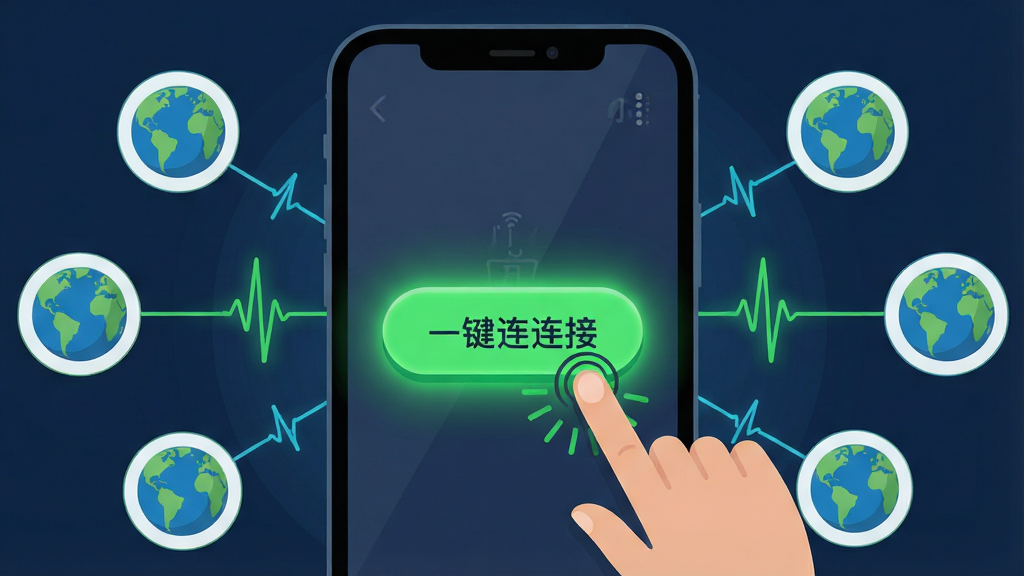 一幅展示“小丑IP”智能连接功能的示意图,主体为一部手机屏幕特写,屏幕上显示一键连接按钮被激活的绿色光效,周围环绕着代表不同网络节点的地球图标和数据流线条,布局采用中心辐射式构图,风格为扁平化科技插画,细节包括按钮上的手指触摸动画、节点之间的连线脉冲效果,画质清晰,画面干净,无多余元素