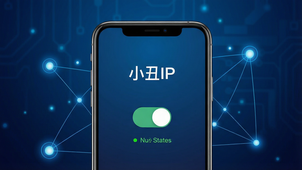 一张展示手机屏幕显示“小丑IP”应用主界面的预览图,画面中央是一部现代智能手机,屏幕上显示着简洁的连接开关按钮和网络状态指示灯,背景为深蓝色渐变科技风格,周围环绕着象征网络节点的光点和连接线条,整体排版居中,风格偏向现代科技感,细节包括手机边框的金属质感、屏幕上的文字“小丑IP”清晰可见,画质高清,画面干净,无多余元素