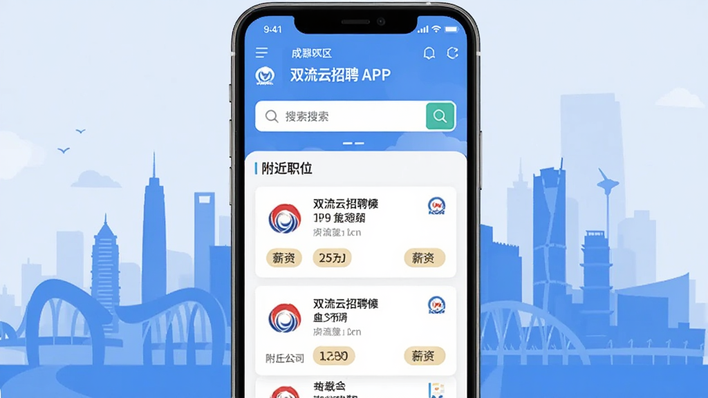 一张手机屏幕展示双流云招聘APP首页界面,屏幕中央是搜索框和附近职位列表,背景是成都双流区城市剪影,整体布局简洁清晰,风格为现代扁平化设计,细节包括职位卡片、公司logo、薪资标签,画质高清,干净,无多余元素