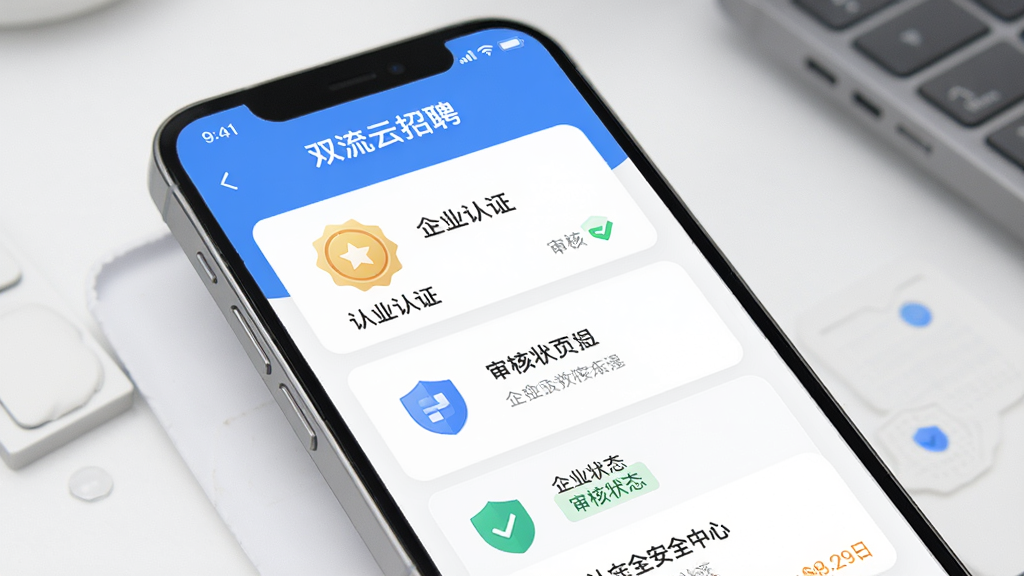 一张展示双流云招聘APP企业认证与安全中心页面的图片,画面主体是手机界面,布局为卡片式列表,风格为清新商务风格,细节包括认证徽章、盾牌图标、审核状态标签,画质高清,干净,无多余元素