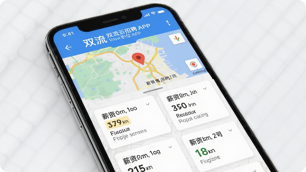 一张展示双流云招聘APP附近职位推荐页面的截图风格图片,画面主体是手机屏幕,屏幕上显示地图定位图标和周边职位列表,布局为上下结构,上方是地图缩略图下方是职位卡片,风格为写实UI风格,细节包括距离标注、薪资范围、公司名称,画质高清,干净,无多余元素