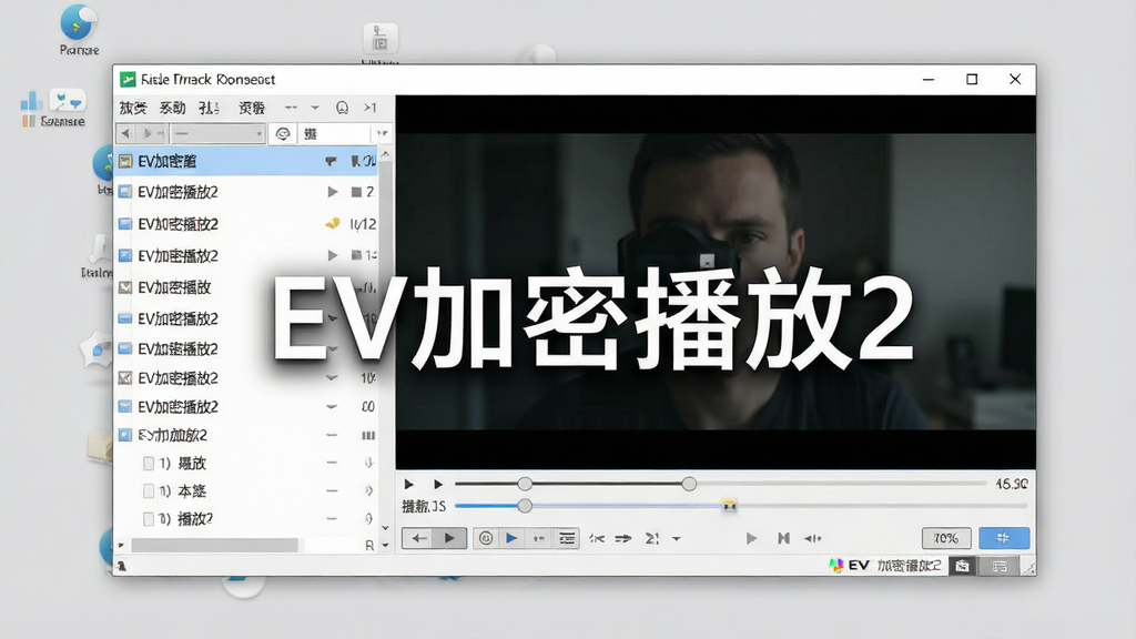 一张软件界面全景展示图,画面中央是EV加密播放2的主窗口,左侧为播放列表区域,右侧为视频播放画面,窗口风格简洁现代,背景为浅灰色桌面环境,画面中带有“EV加密播放2”字样标识,整体构图清晰,主体突出,布局规整,风格为写实软件截图风,细节包括按钮、进度条、菜单栏等元素,画质高清,画面干净,无多余元素