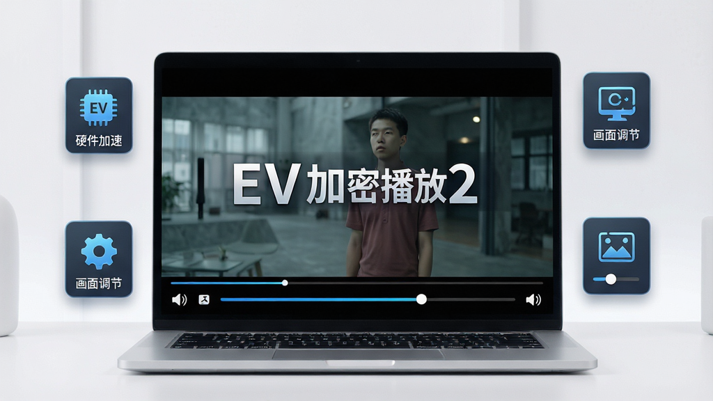 一张展示EV加密播放2播放优化功能的场景图,画面中一台笔记本电脑屏幕上正在播放高清视频,视频画面清晰流畅,屏幕旁边有硬件加速、画面调节等图标悬浮展示,画面中包含“EV加密播放2”文字标识,布局为居中构图,风格为现代科技感,细节包括进度条、音量图标、画面调节滑块等,画质高清,画面干净,无多余元素