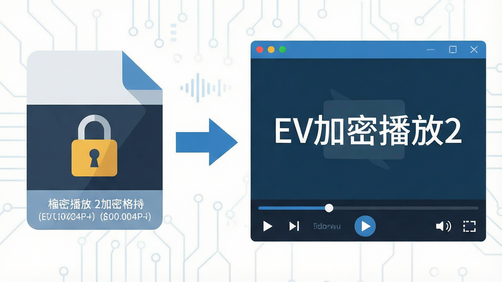 一张展示EV加密播放2加密格式支持功能的示意图,画面主体为一个加密视频文件图标与播放器窗口之间的连接箭头,图标上带有锁形标志,播放器窗口内显示“EV加密播放2”名称,布局为左右结构,左侧文件图标,右侧播放界面,风格为扁平化科技风,细节包括文件格式后缀、锁形图标、播放按钮等,画质清晰,画面干净,无多余元素