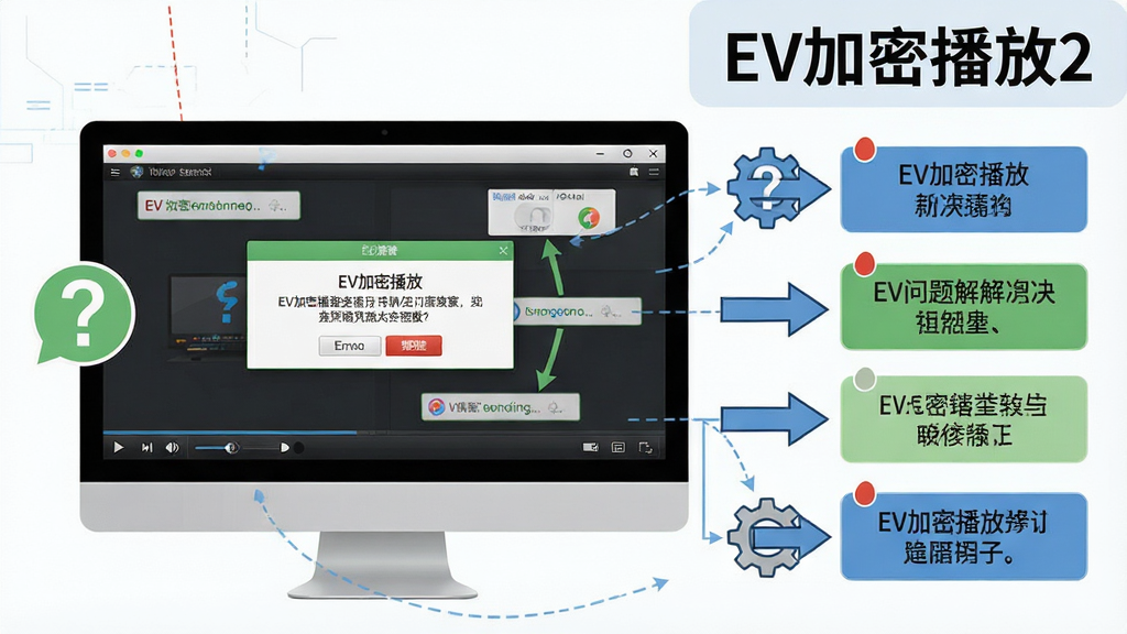 一张展示EV加密播放2常见问题解决流程的示意图,画面主体为一台电脑屏幕,屏幕上显示播放器界面与错误提示弹窗,旁边有问号图标和解决步骤箭头,画面中带有“EV加密播放2”文字标识,布局为居中偏右构图,风格为信息图表风,细节包括提示框、箭头指示、设置齿轮图标等,画质清晰,画面干净,无多余元素