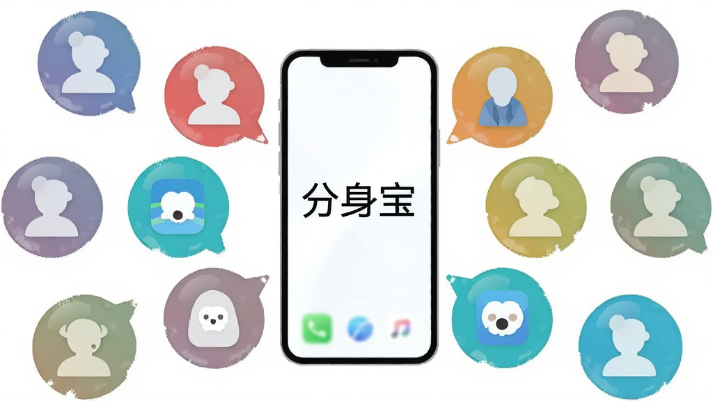 一部手机悬浮在空中,周围环绕多个半透明的应用图标气泡,每个气泡代表一个独立分身,气泡颜色各异,布局呈放射状排列,风格为扁平化插画,细节包括气泡内的应用标志清晰可见,画质高清,背景为纯白色,干净无多余元素,图片中央显示