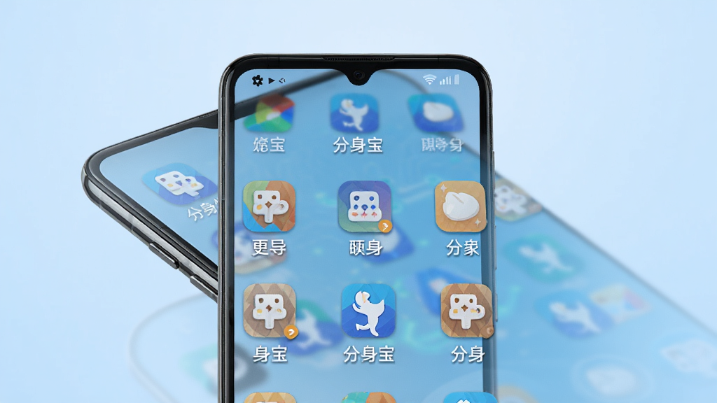 画面中央放置一部安卓智能手机,手机屏幕上显示多个相同应用图标整齐排列在桌面,每个图标下方标注不同账号名称,背景为干净的浅蓝色渐变,风格简洁科技感,细节包括手机边框光泽、图标微阴影,画质清晰锐利,画面干净无多余元素,主体突出