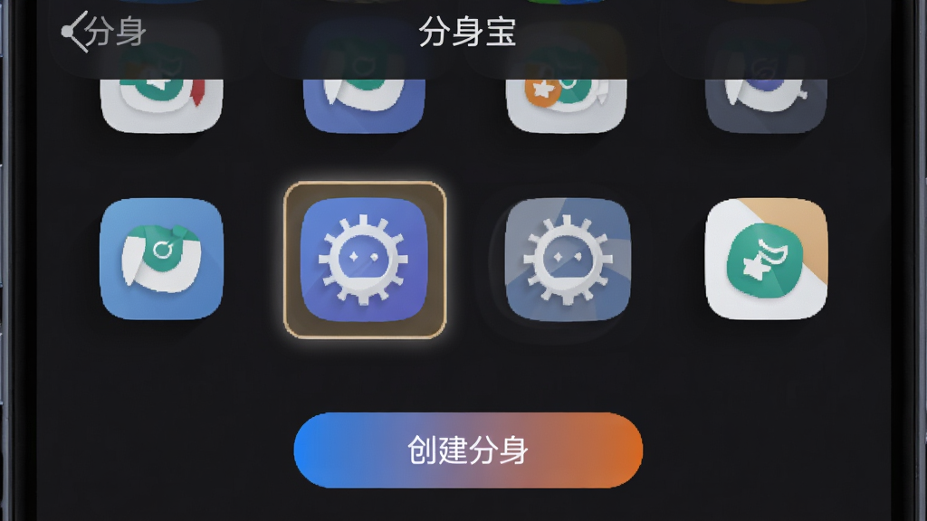 一部手机屏幕显示分身宝应用管理界面,界面上有多个应用图标排列,其中两个图标被高亮标注为分身,界面下方有“创建分身”按钮,风格为扁平化UI设计,细节包括图标阴影、按钮渐变,画质清晰,背景为深色模式,画面干净无多余元素,界面顶部显示