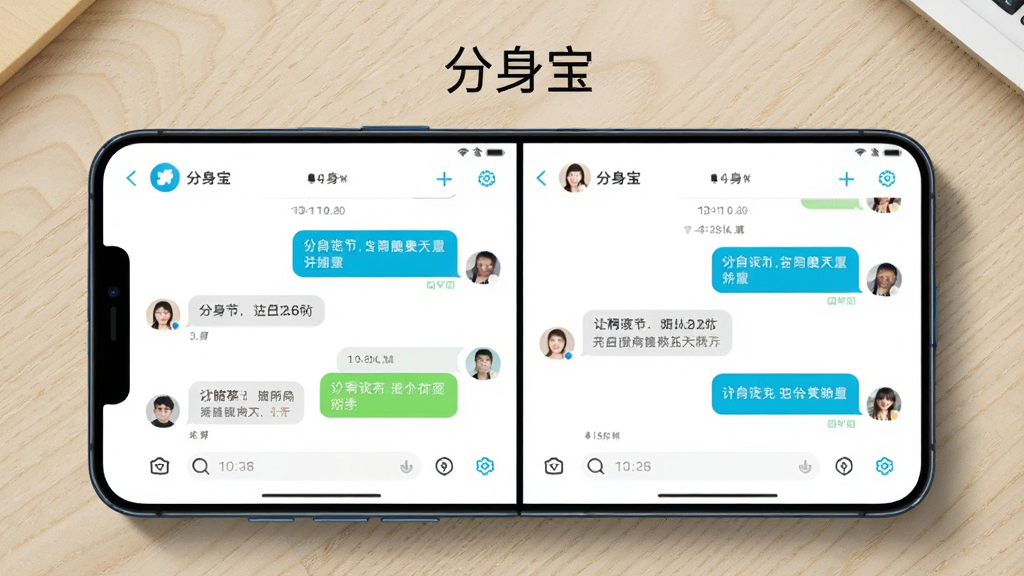 一部手机横向展示,屏幕上同时打开两个相同的聊天应用界面,左右分屏显示不同账号内容,界面清晰,风格为现代UI设计,细节包括聊天气泡、头像、时间戳,画质高清,背景为浅色木纹桌面,画面干净无多余元素,手机上方显示