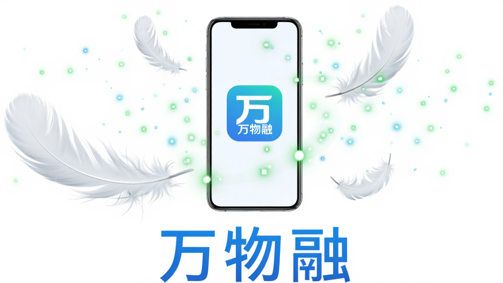 一幅表现万物融轻量高效运行特点的创意图片,画面中央是一部手机,手机周围环绕着轻盈的羽毛和绿色的能量光点,象征软件占用资源少、运行流畅,手机屏幕上显示万物融的图标,背景为纯白色,画面下方用蓝色字体写着“万物融”,整体风格清新简约,高清画质,干净无杂乱元素。