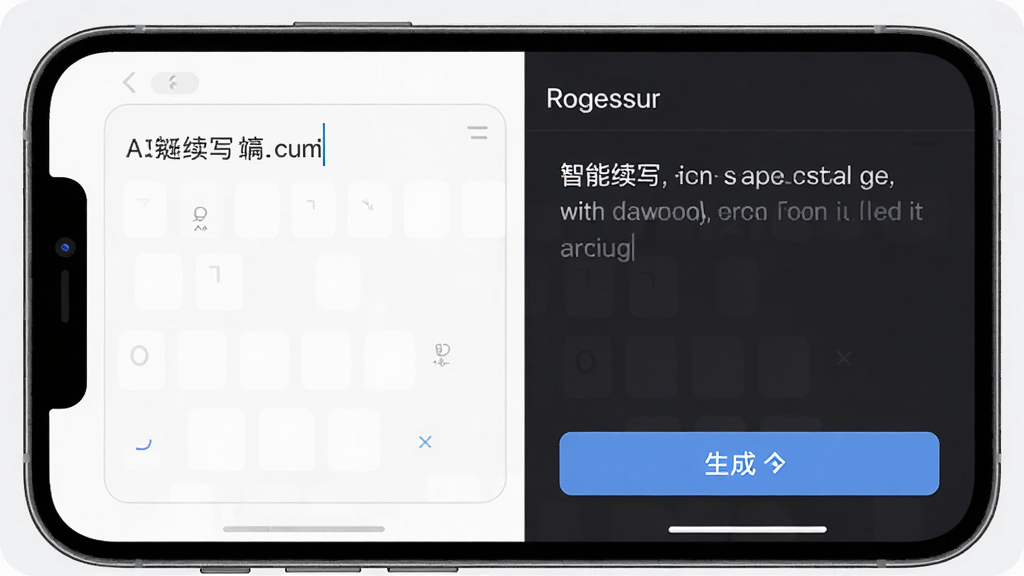 AI写作助理软件功能展示图,主体为手机屏幕显示智能续写界面,布局为左右分栏,左侧为输入框右侧为生成结果,排版清晰,风格为扁平化设计,细节包括文字光标和生成按钮,背景为浅色,画质高清,干净,无多余元素