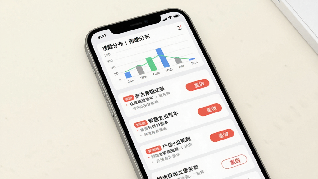 极速驾培错题本功能展示图,画面中一部手机屏幕内显示错题列表,每条错题带有红色标记和重做按钮,顶部有统计图表显示错题分布,背景为浅色,风格清爽,细节清晰,画质干净,无多余元素