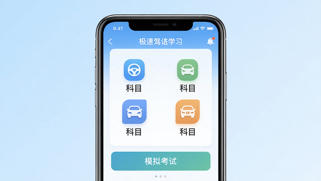 极速驾培手机应用主界面预览图,画面中央展示一部智能手机,屏幕内呈现驾考理论学习应用首页,包含科目一至科目四的入口图标和模拟考试按钮,背景为浅蓝色渐变,风格简洁清新,细节清晰,画质干净,无多余元素