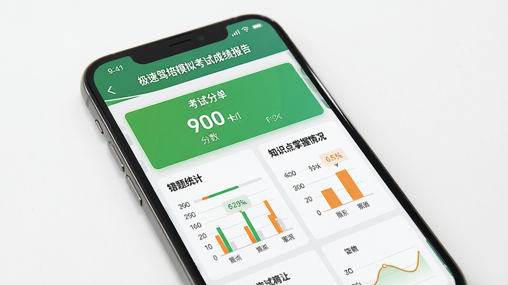 极速驾培模拟考试成绩报告界面图,画面中一部手机显示考试成绩单,包含分数、错题统计和知识点掌握情况,页面有绿色和橙色数据图表,背景为白色,风格专业简洁,细节清晰,画质干净,无多余元素