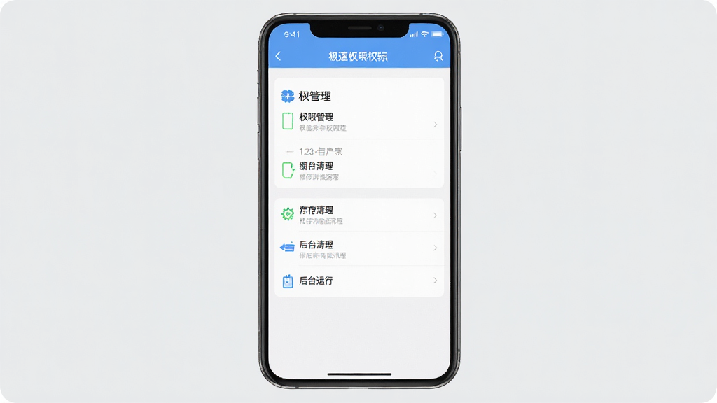 极速驾培手机端设置与权限管理界面图,画面中一部手机展示应用设置页面,包含权限管理、缓存清理和后台运行选项,背景为浅灰色,风格简洁,细节清晰,画质干净,无多余元素