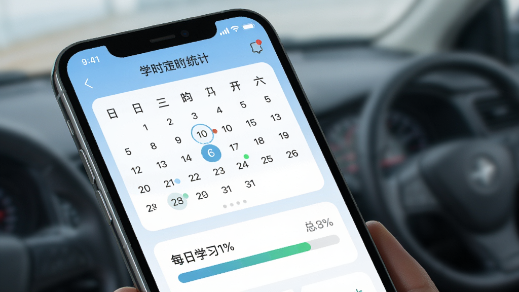 极速驾培学时进度跟踪界面图,画面中一部手机展示学时统计页面,包含日历视图和进度条,显示每日学习时长和总完成百分比,背景为浅蓝色,风格清新,细节清晰,画质干净,无多余元素