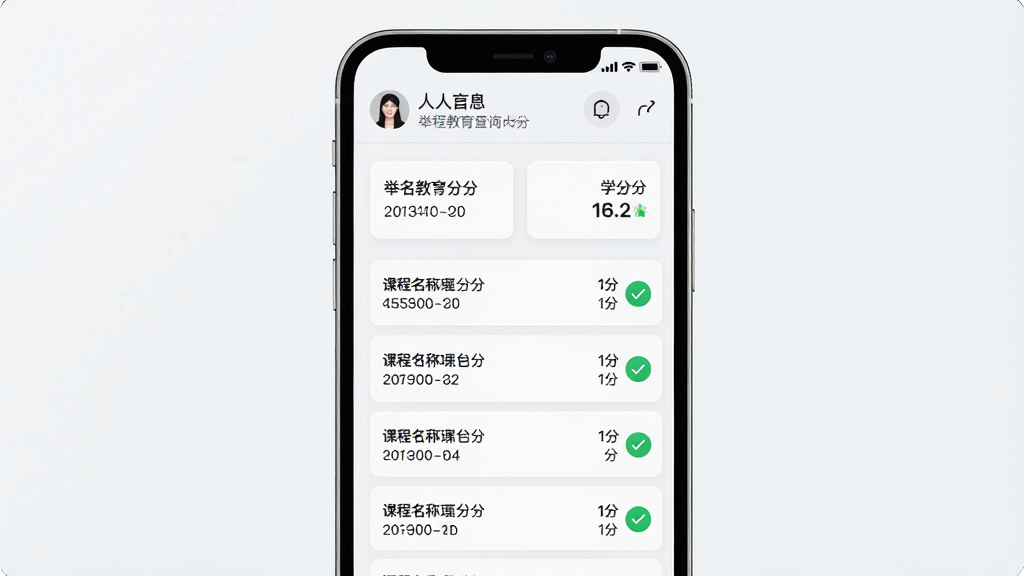 一张关于举名教育学分查询页面的AI生图,主体为手机屏幕展示学分记录列表,布局为纵向滚动列表形式,每条记录包含课程名称与学分数字,风格为简洁商务风,细节包括顶部个人信息栏、学分汇总卡片、绿色对勾图标,画质高清,画面干净,无多余元素