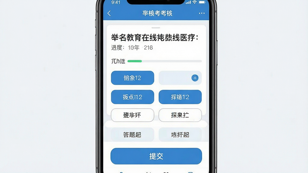 一张展示举名教育在线考核界面的AI生图,主体为手机屏幕特写,屏幕中央显示一道医学选择题与四个选项按钮,布局为上下结构,上方为题目区域下方为答题卡与提交按钮,风格为清爽教育类应用界面,细节包括蓝色主色调、清晰的字体排版、进度提示条,画质高清,画面干净,无多余元素