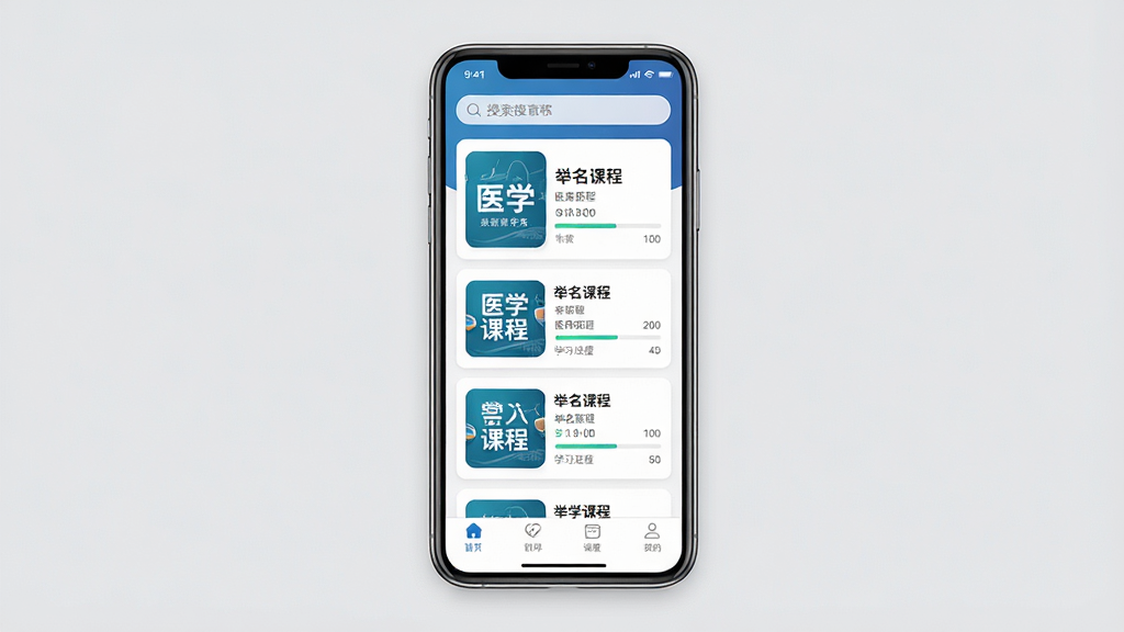 一张关于举名教育手机应用主界面的详细展示图,主体为一部竖屏智能手机,屏幕上显示举名教育的课程列表页面,包含医学课程封面与学习进度条,布局采用居中构图,手机置于纯色浅灰背景中央,风格为现代简约科技风,细节包括屏幕内清晰的卡片式课程设计、顶部搜索栏与底部导航栏,画质高清,画面干净,无多余元素