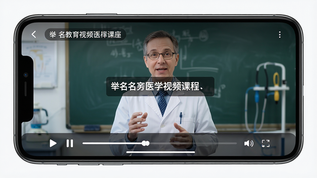 一张展示举名教育视频课程播放界面的AI生图,主体为手机横屏播放状态,屏幕中显示医学讲座视频画面与底部进度控制条,布局为全屏播放模式,风格为专业在线教育界面,细节包括清晰的讲师画面、课程标题浮层、播放暂停按钮,画质高清,画面干净,无多余元素