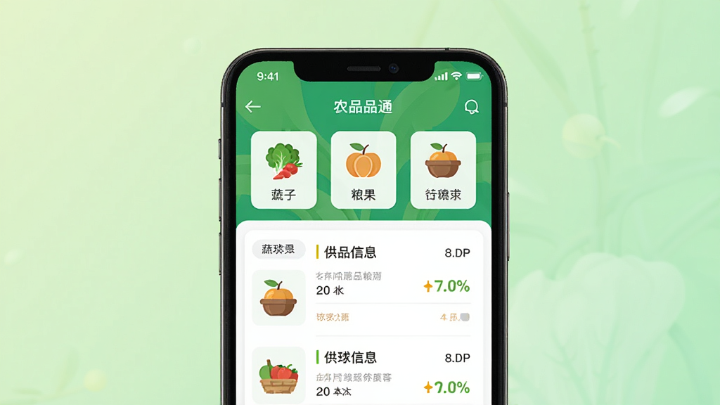 农品通应用主界面展示,画面中央是一部智能手机,屏幕显示农品通APP首页,包含农产品分类图标与供求信息列表,背景为干净的浅绿色渐变,布局简洁清晰,风格现代扁平化,细节上突出蔬果粮油等元素,画质高清,干净无多余元素
