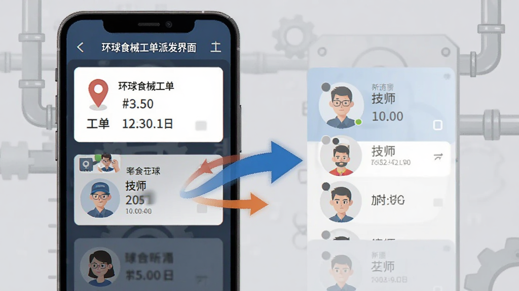 环球食械工单派发界面模拟图,手机屏幕显示工单卡片与技师头像列表,画面中央有动态箭头连接派发动作,背景为淡灰色工业风格,风格扁平插画,细节包含定位图标与时间戳,画质清晰,无多余装饰