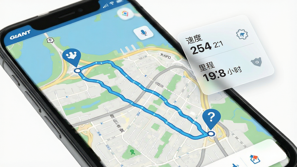 一张展示捷安特骑行APP轨迹记录功能的手机界面图,画面主体为手机屏幕,屏幕内显示地图上一条清晰的蓝色骑行轨迹线,起点与终点标记明确,旁边悬浮显示速度、里程、用时等数据面板;布局为居中展示,风格为扁平化运动科技风,细节上地图带有街区与绿化带纹理,数据面板采用半透明毛玻璃效果,画质高清,画面干净,无多余元素。