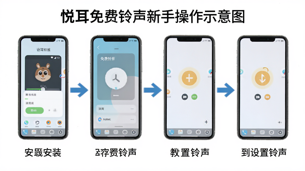 悦耳免费铃声新手操作示意图,画面展示手机屏幕从安装到设置铃声的四个步骤,配有箭头指引,背景是简洁的白色调,风格教程图解式,画质清晰干净无多余元素