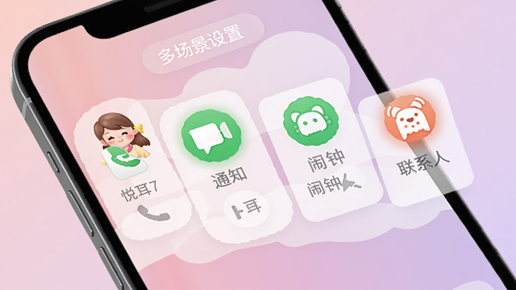 悦耳免费铃声多场景设置界面,画面展示手机屏幕上有来电、通知、闹钟、联系人四个设置选项,每个选项配有对应图标,背景是柔和的粉紫色调,风格温馨实用,画质清晰干净无多余元素