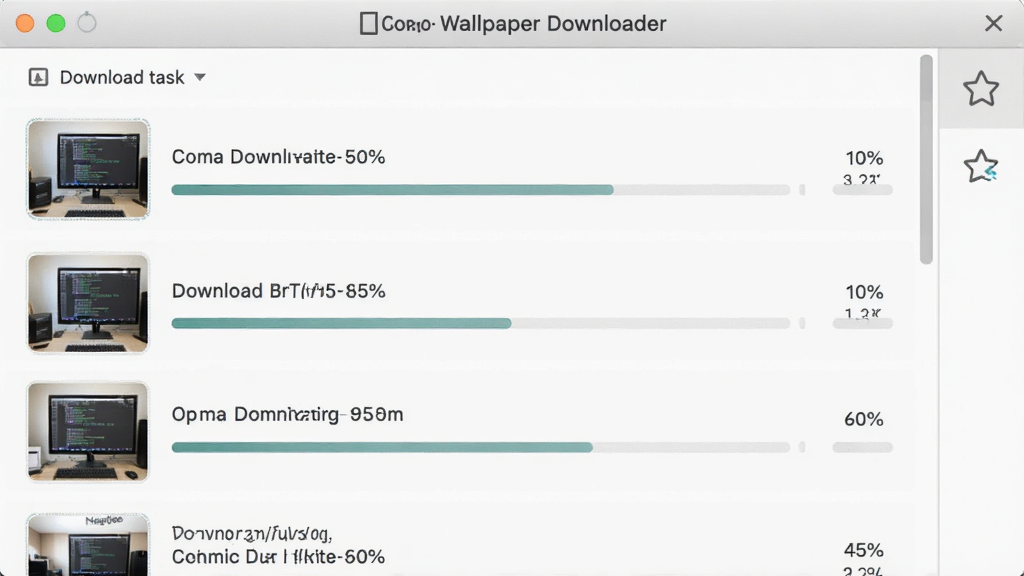 一张 NatGeo Wallpaper Downloader 的批量下载任务管理界面,显示多个下载任务同时进行,每个任务带有缩略图和进度百分比,界面右侧有收藏夹图标,整体布局为列表式,风格清爽素雅,画质高清,干净,无多余元素