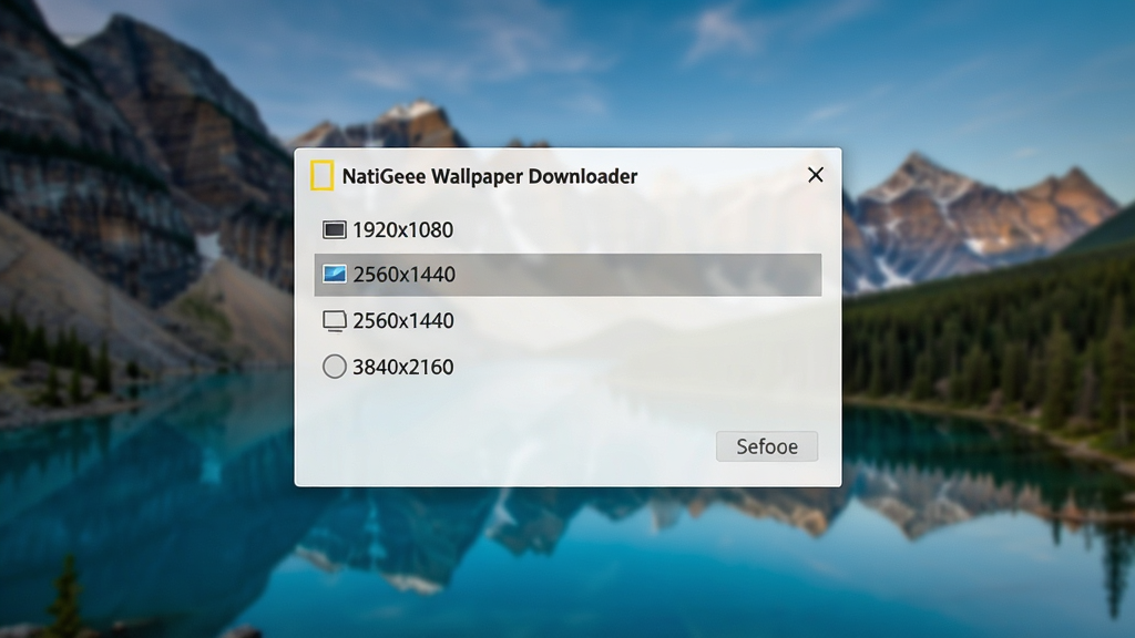 一张展示 NatGeo Wallpaper Downloader 分辨率选择弹窗的界面截图,弹窗内列出 1920x1080、2560x1440、3840x2160 等选项,背景是模糊的国家地理风景图,界面风格简洁商务,画质高清,干净,无多余元素