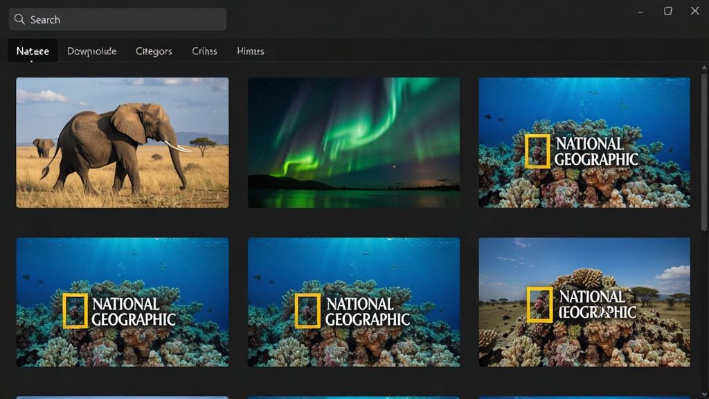 一张 NatGeo Wallpaper Downloader 软件内部的图库网格视图,展示多张国家地理经典照片缩略图,包括非洲草原大象、极光、海底珊瑚礁,界面顶部有搜索框与分类标签,布局整齐,风格为深色主题,画质高清,干净,无多余元素