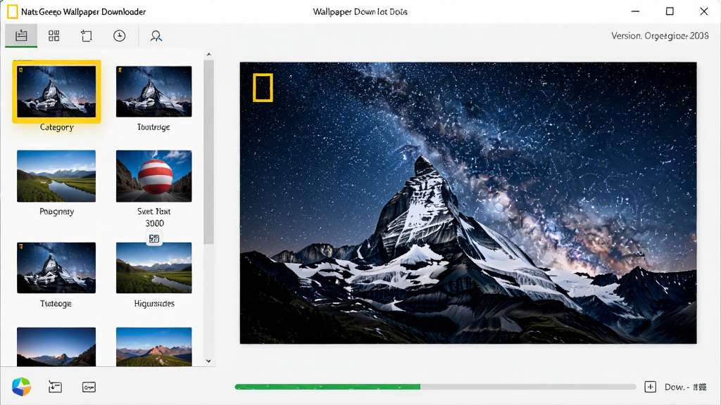 一张宽幅的电脑桌面截图,画面中央是 NatGeo Wallpaper Downloader 软件界面,左侧是分类缩略图列表,右侧是大幅国家地理风格的雪山与星空摄影预览图,界面下方有下载进度条,整体布局清晰,风格为现代扁平化设计,细节包含软件Logo与版本号文字,画质高清,干净,无多余元素