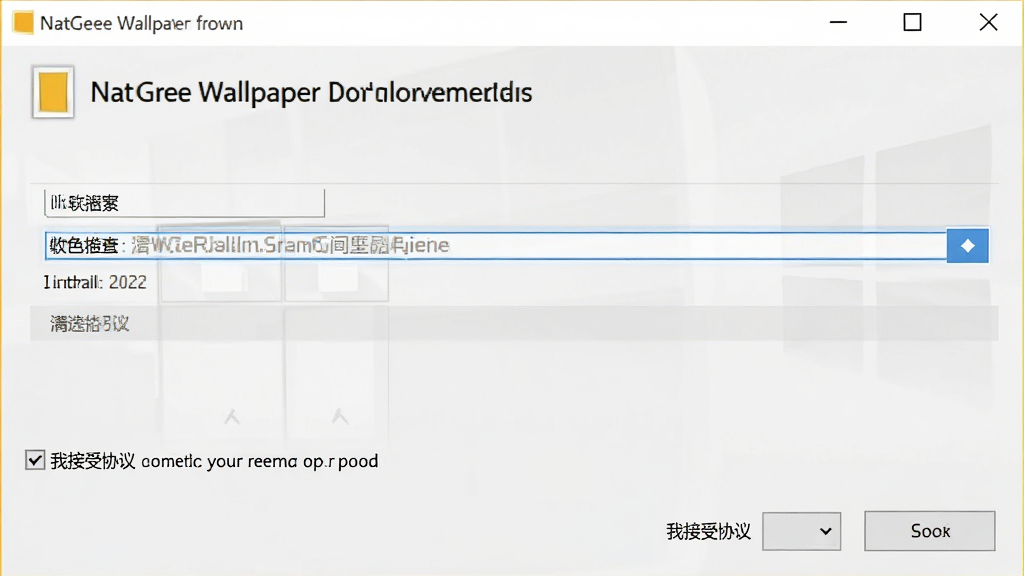 一张 NatGeo Wallpaper Downloader 在 Windows 电脑上的安装向导截图,界面显示安装路径选择框和“我接受协议”复选框,背景为浅灰色,风格简约商务,画质高清,干净,无多余元素