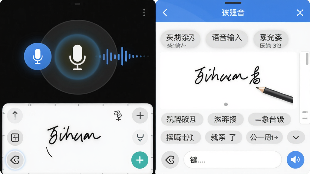 百度输入法联想版语音输入界面示意图,屏幕显示麦克风图标与声波,旁边有手写输入区域,画面主体为输入法功能面板,布局为上下结构,排版清晰,风格为友好易用,细节包括麦克风高亮、手写笔迹、候选字展示,画质高清,干净,无多余元素