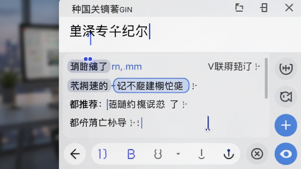 百度输入法联想版AI联想功能界面截图,屏幕显示中文输入过程,候选栏出现整句联想推荐,画面主体为输入法候选框与文字,布局为屏幕局部放大,排版清晰,风格为智能科技,细节包括候选词高亮、光标闪烁、背景虚化,画质高清,干净,无多余元素