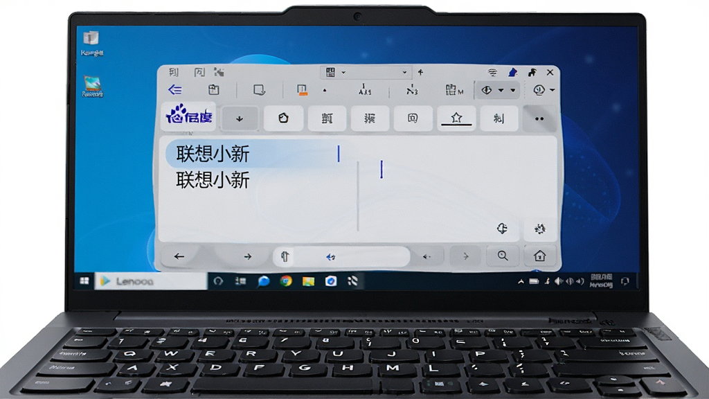 一台联想ThinkPad笔记本电脑特写,屏幕上显示百度输入法正在输入“联想小新”候选词,键盘清晰可见,画面主体为电脑键盘与屏幕,布局为正面特写,排版简洁,风格为商务科技,细节包括键帽质感、屏幕反光、候选词高亮,画质高清,干净,无多余元素